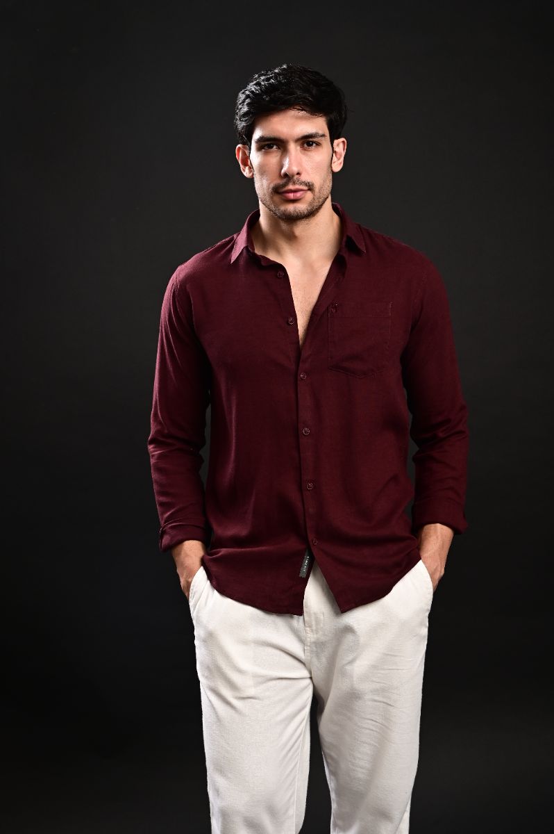 Premium Maroon Imported Linen Full Sleeve Shirt view 4
