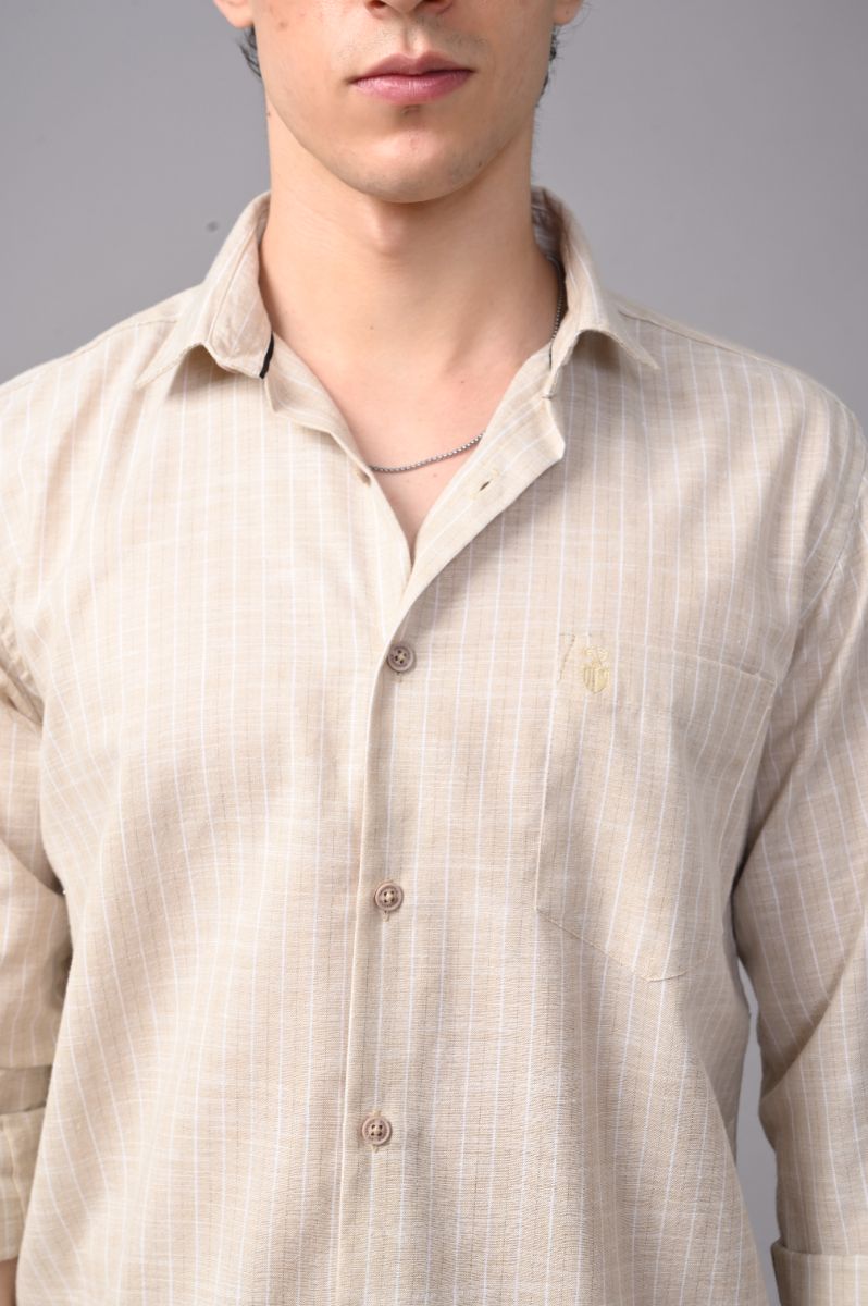 Stagbeetle Premium Cream Thin-Stripe Cotton Blend Full-Sleeve Shirt view 2