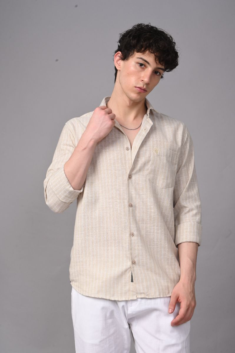 Stagbeetle Premium Cream Thin-Stripe Cotton Blend Full-Sleeve Shirt view 3