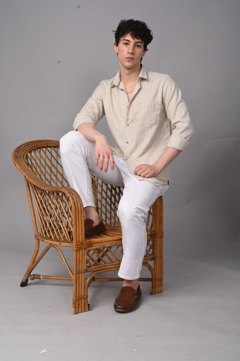 Stagbeetle Premium Cream Thin-Stripe Cotton Blend Full-Sleeve Shirt view 5