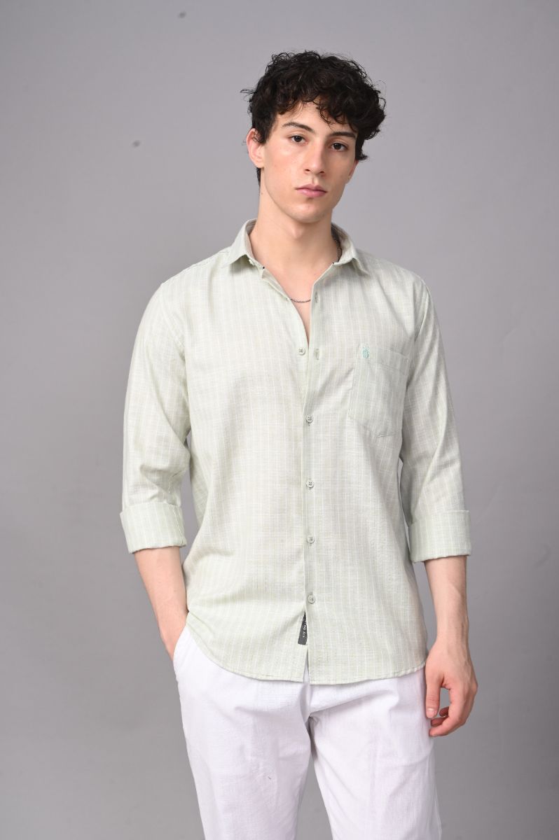 Stagbeetle Premium Pista Green Thin-Stripe Cotton Blend Full-Sleeve Shirt