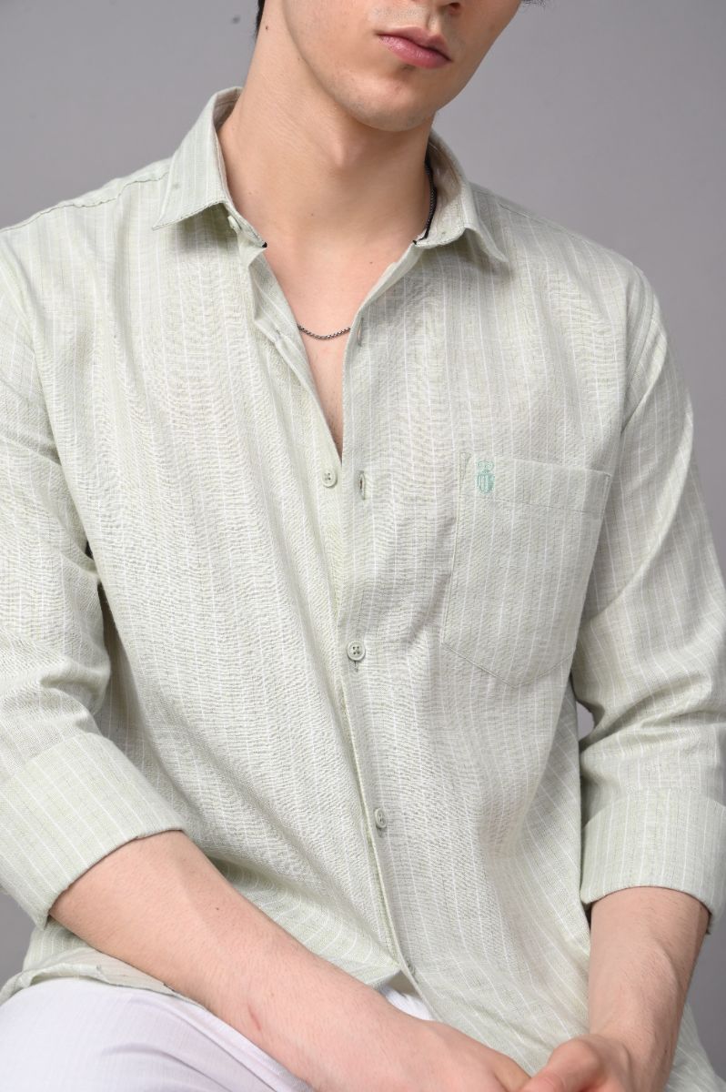 Stagbeetle Premium Pista Green Thin-Stripe Cotton Blend Full-Sleeve Shirt view 2