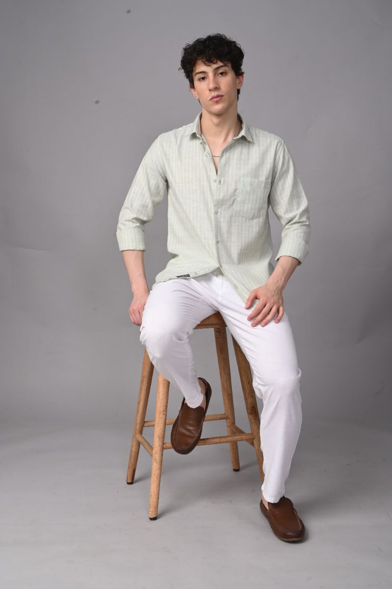 Stagbeetle Premium Pista Green Thin-Stripe Cotton Blend Full-Sleeve Shirt view 4