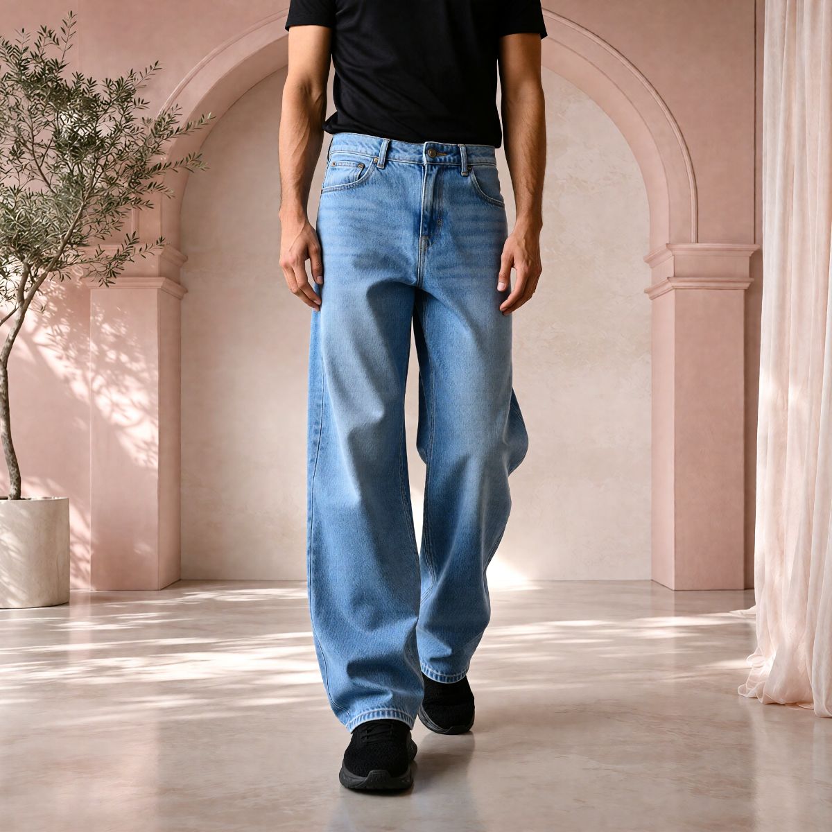 Men’s Ice Blue Baggy Fit Denim Jeans | Relaxed Wide-Leg Style. 
