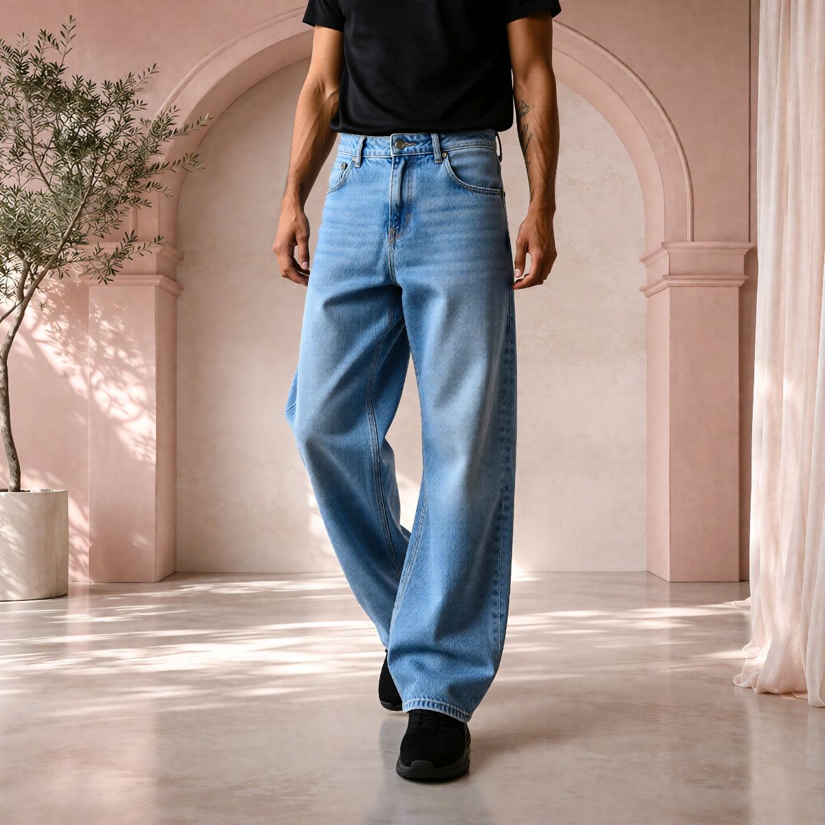 Men’s Ice Blue Baggy Fit Denim Jeans | Relaxed Wide-Leg Style.  view 2