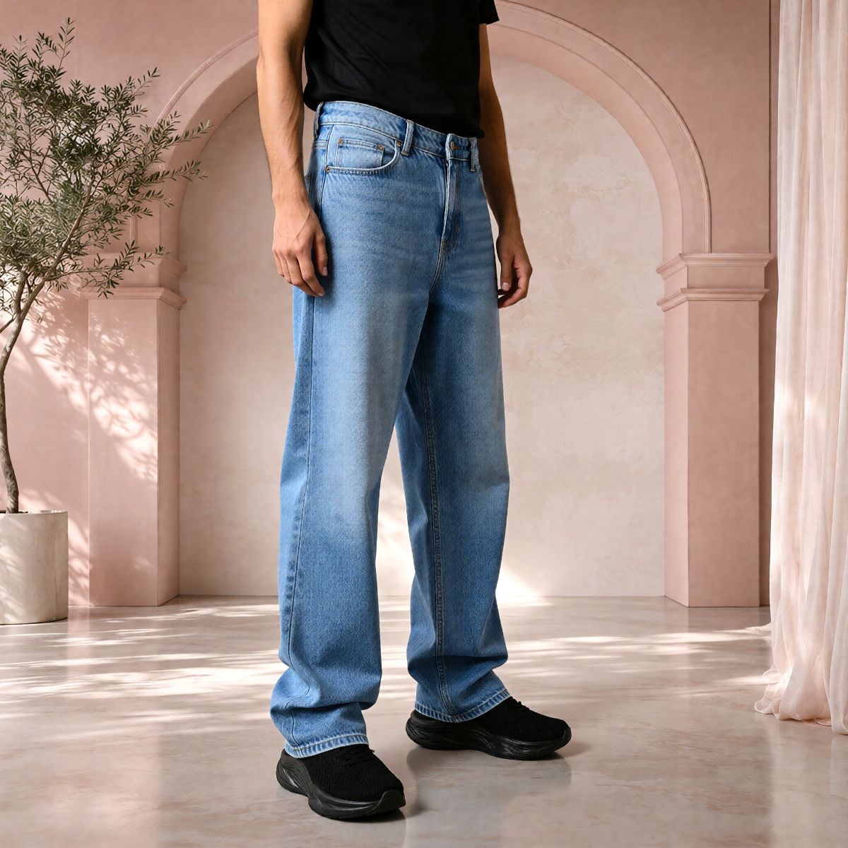 Men’s Ice Blue Baggy Fit Denim Jeans | Relaxed Wide-Leg Style.  view 3