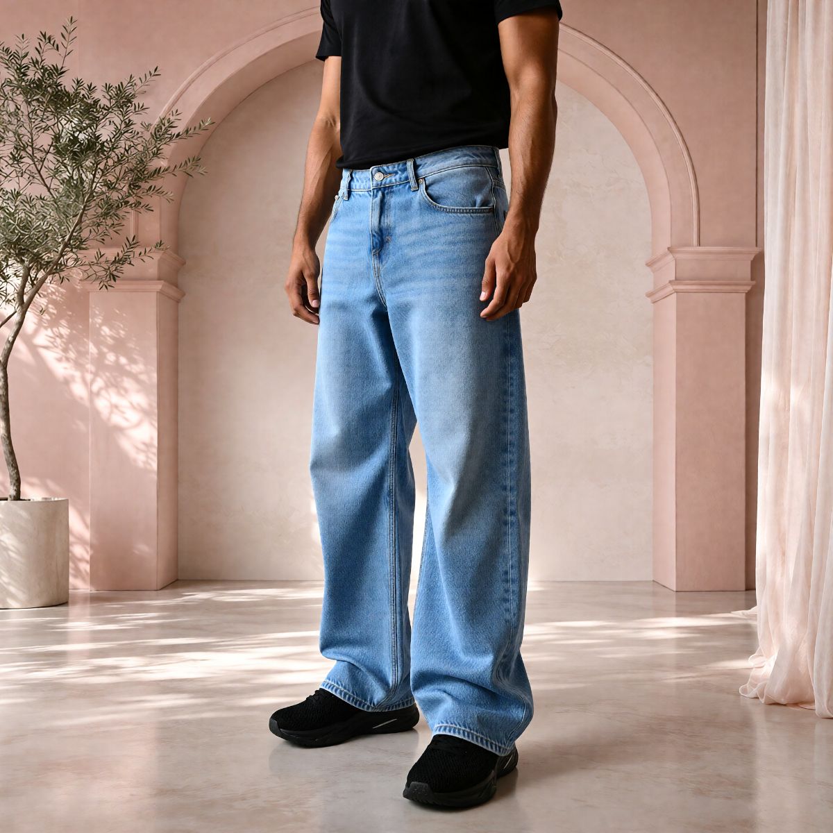 Men’s Ice Blue Baggy Fit Denim Jeans | Relaxed Wide-Leg Style.  view 4