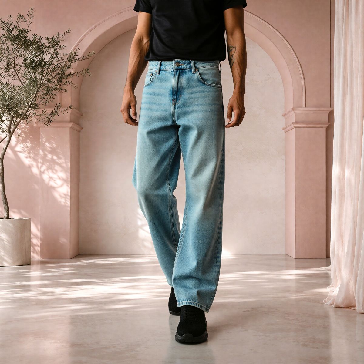 Men's Yellowish Blue Baggy Fit Denim Jeans | Relaxed Wide-Leg Style. view 2