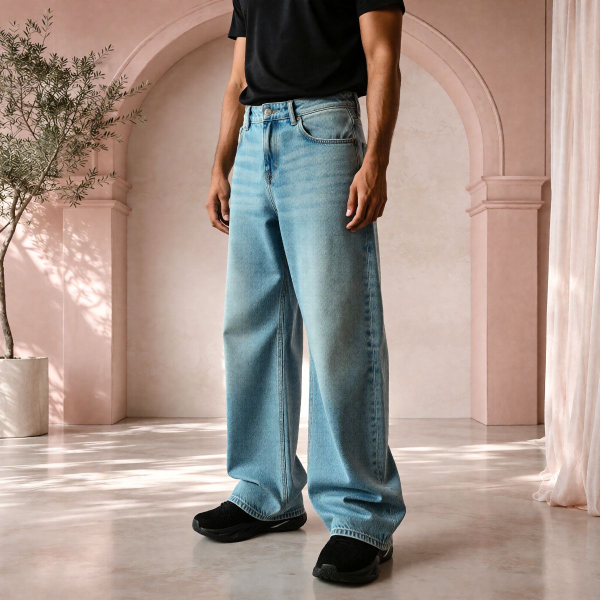 Men's Yellowish Blue Baggy Fit Denim Jeans | Relaxed Wide-Leg Style. view 3