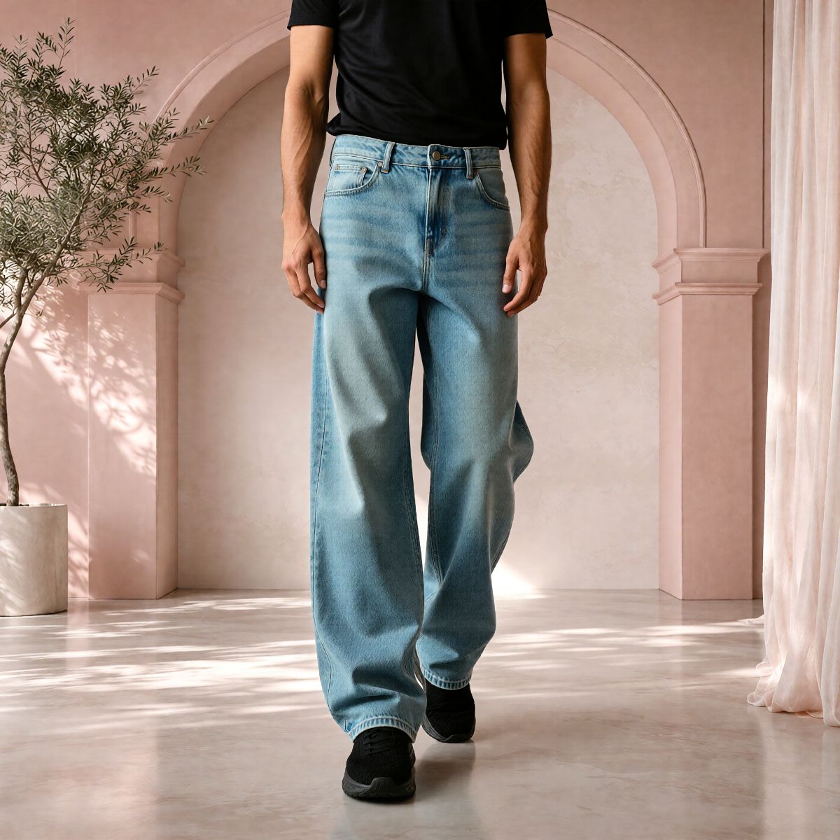 Men's Yellowish Blue Baggy Fit Denim Jeans | Relaxed Wide-Leg Style. view 4