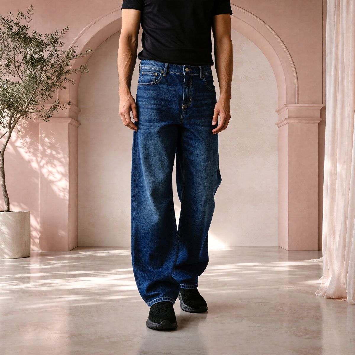 Men’s Dark Blue Baggy Fit Denim Jeans | Relaxed Wide-Leg Style.
