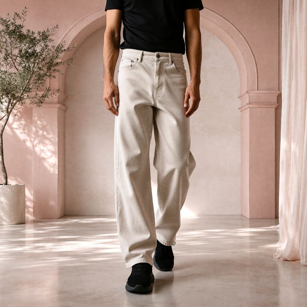 Men’s Cream Baggy Fit Denim Jeans | Relaxed Wide-Leg Style.