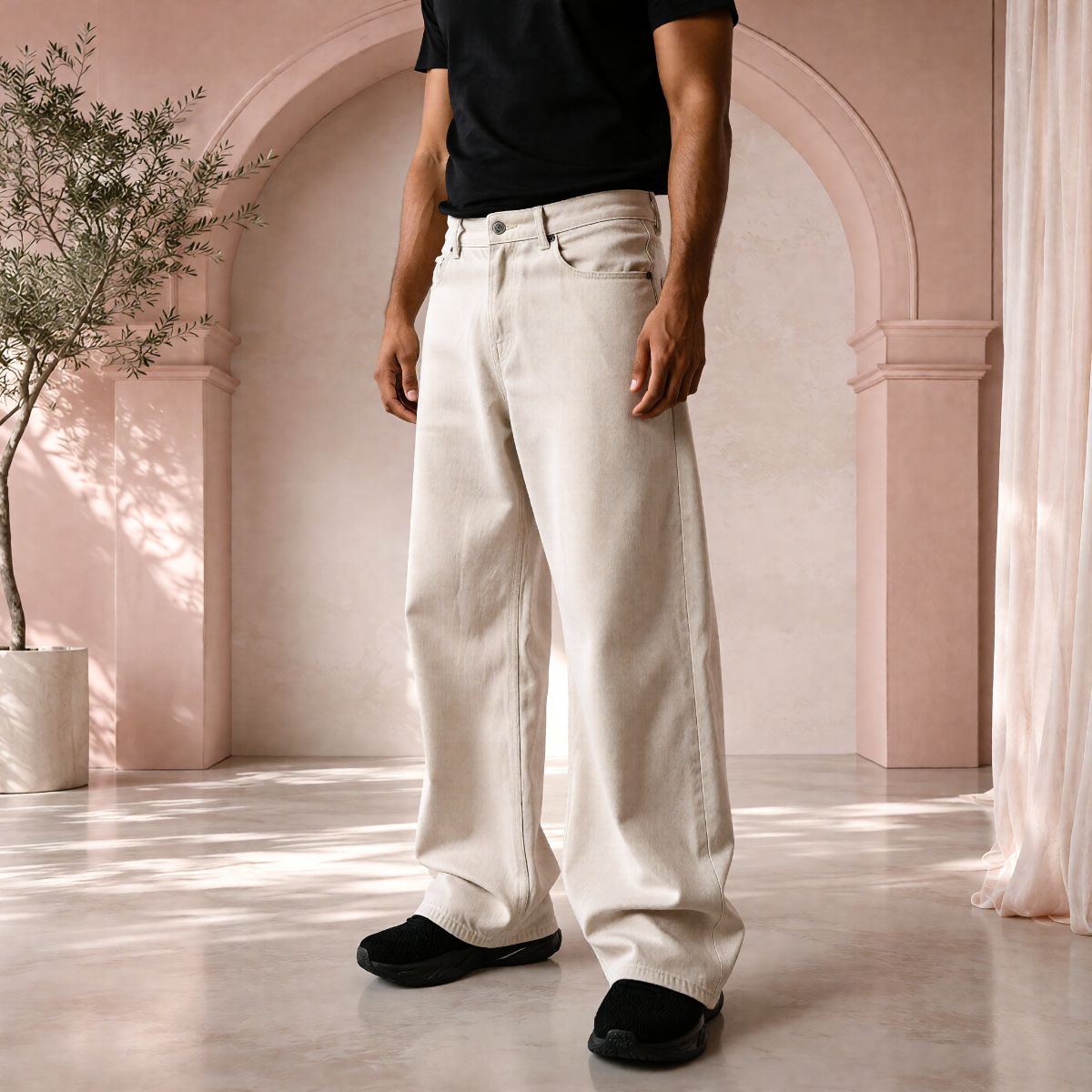 Men’s Cream Baggy Fit Denim Jeans | Relaxed Wide-Leg Style.  view 2