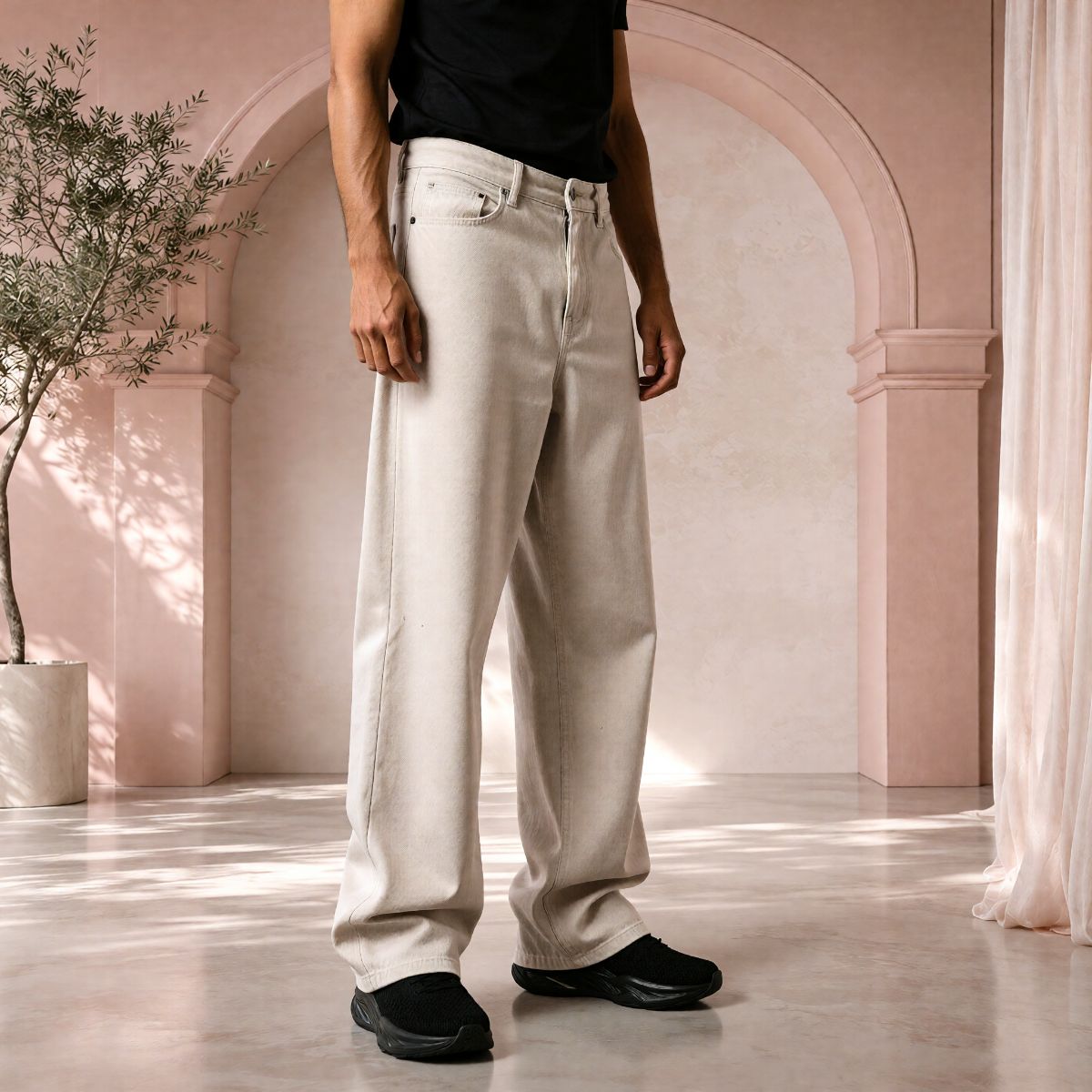 Men’s Cream Baggy Fit Denim Jeans | Relaxed Wide-Leg Style.  view 3