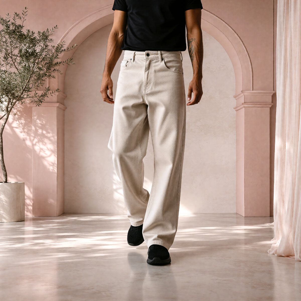 Men’s Cream Baggy Fit Denim Jeans | Relaxed Wide-Leg Style.  view 4
