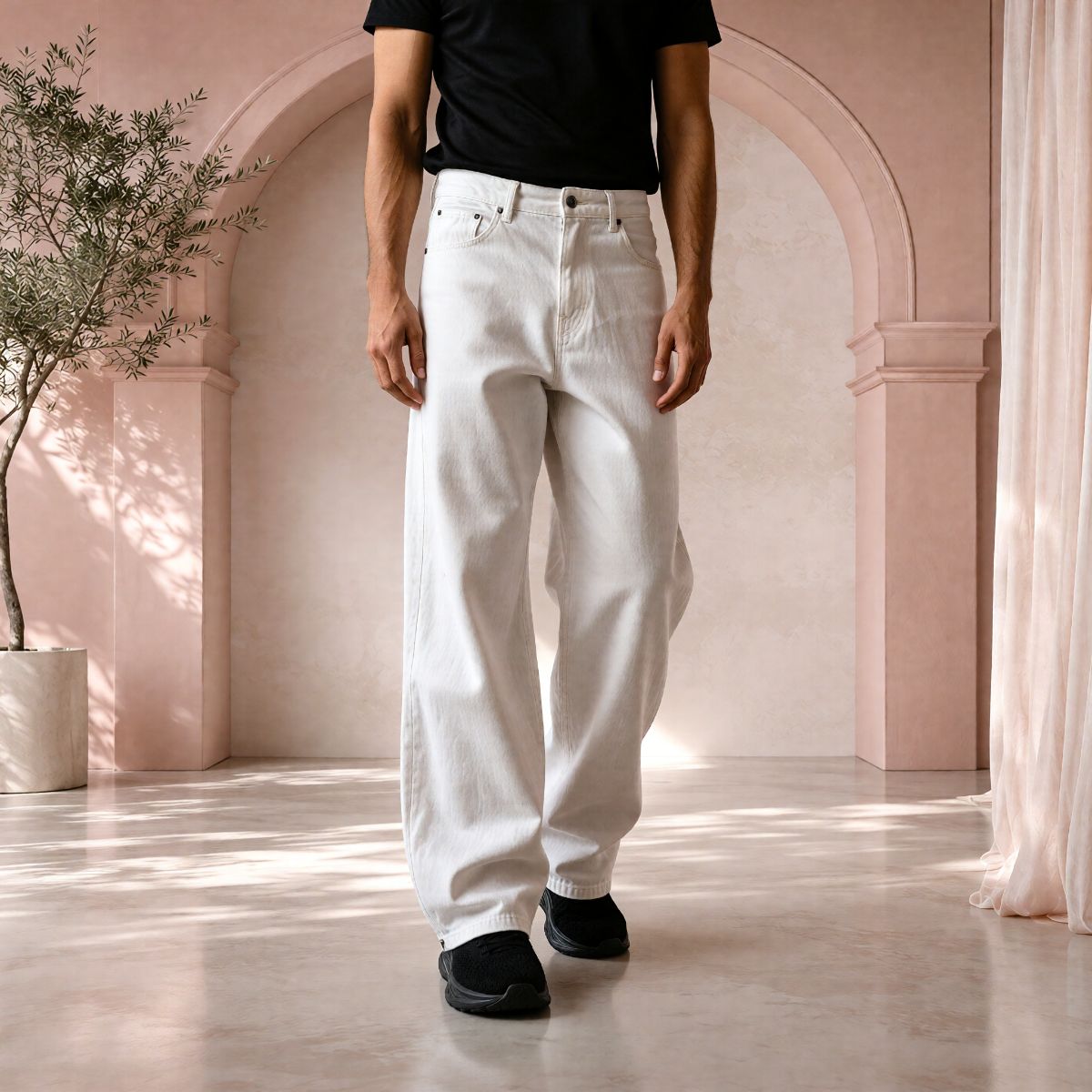 Men’s Pure White Baggy Fit Denim Jeans | Relaxed Wide-Leg Style