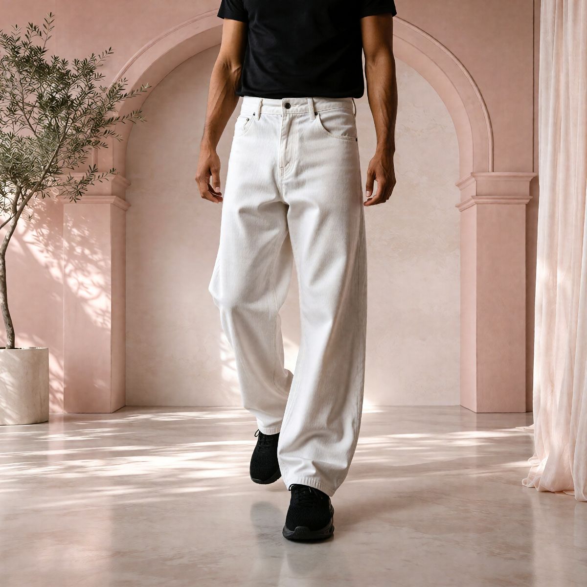Men’s Pure White Baggy Fit Denim Jeans | Relaxed Wide-Leg Style view 2