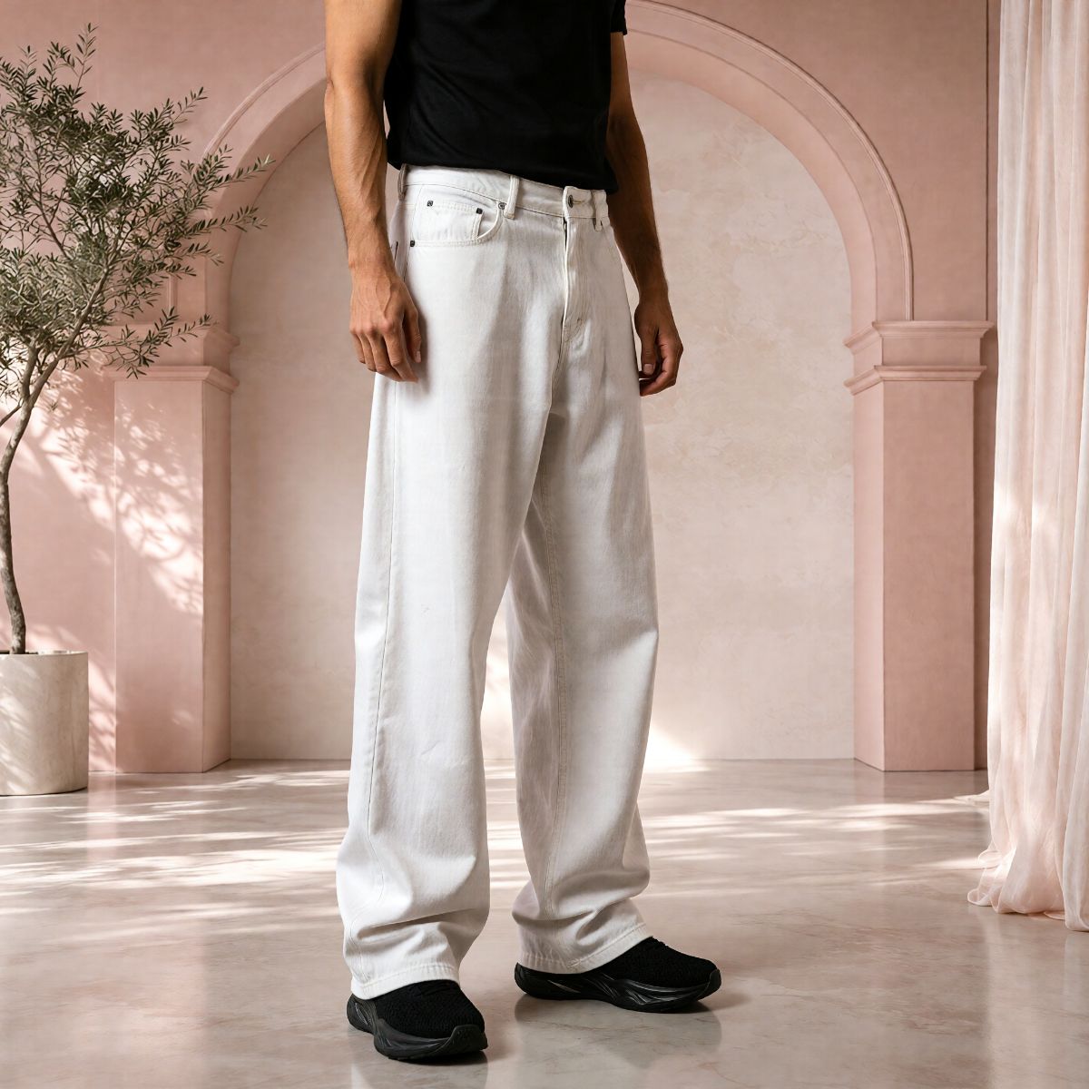 Men’s Pure White Baggy Fit Denim Jeans | Relaxed Wide-Leg Style view 3