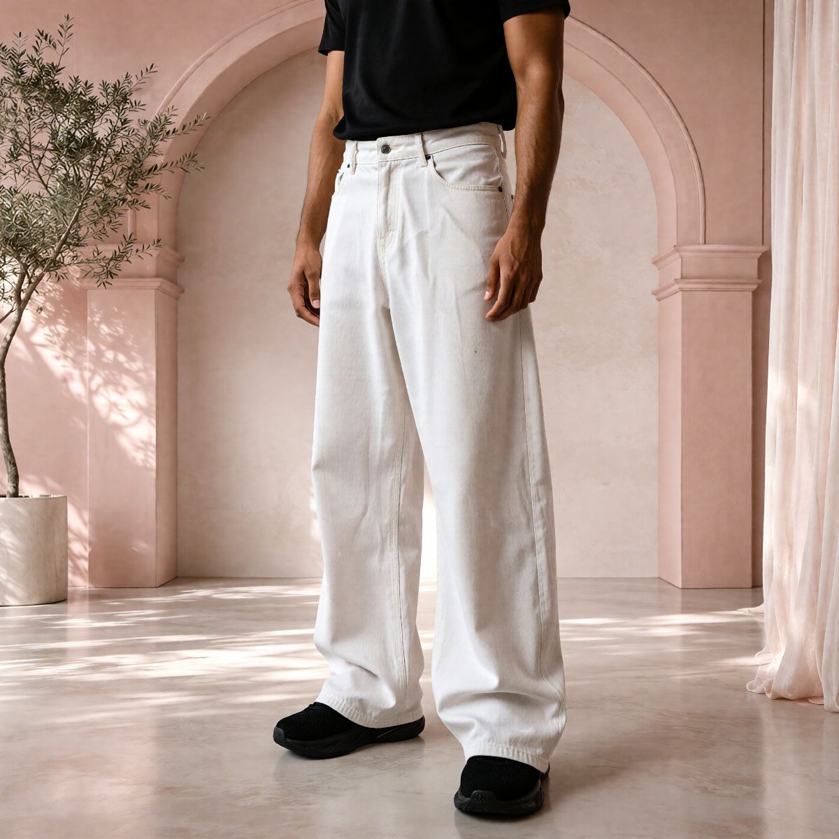Men’s Pure White Baggy Fit Denim Jeans | Relaxed Wide-Leg Style view 4
