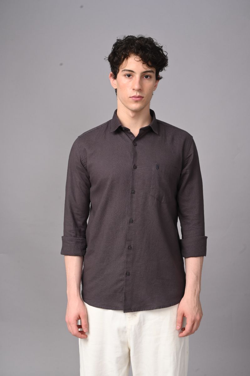 Stagbeetle Premium Charcoal Brown Plain Cotton Blend Full-Sleeve Shirt view 3