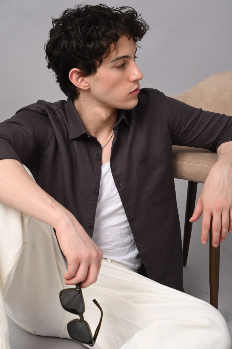 Stagbeetle Premium Charcoal Brown Plain Cotton Blend Full-Sleeve Shirt view 4