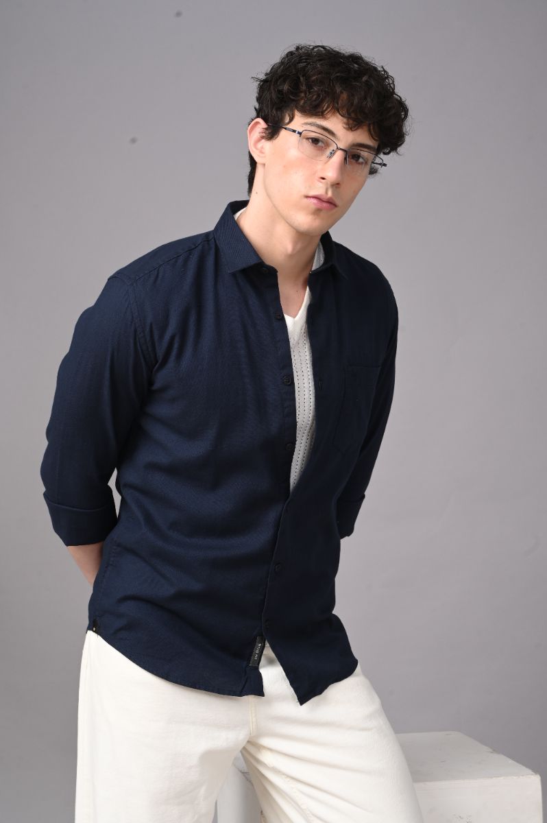 Stagbeetle Premium Midnight Navy Plain Cotton Blend Full-Sleeve Shirt view 3