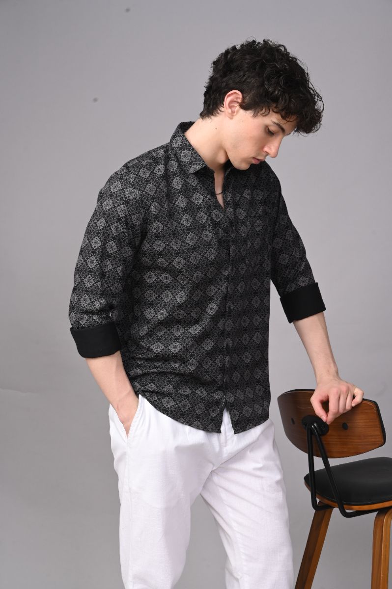 Midnight Geometric Soft-Touch Cotton Satin Shirt