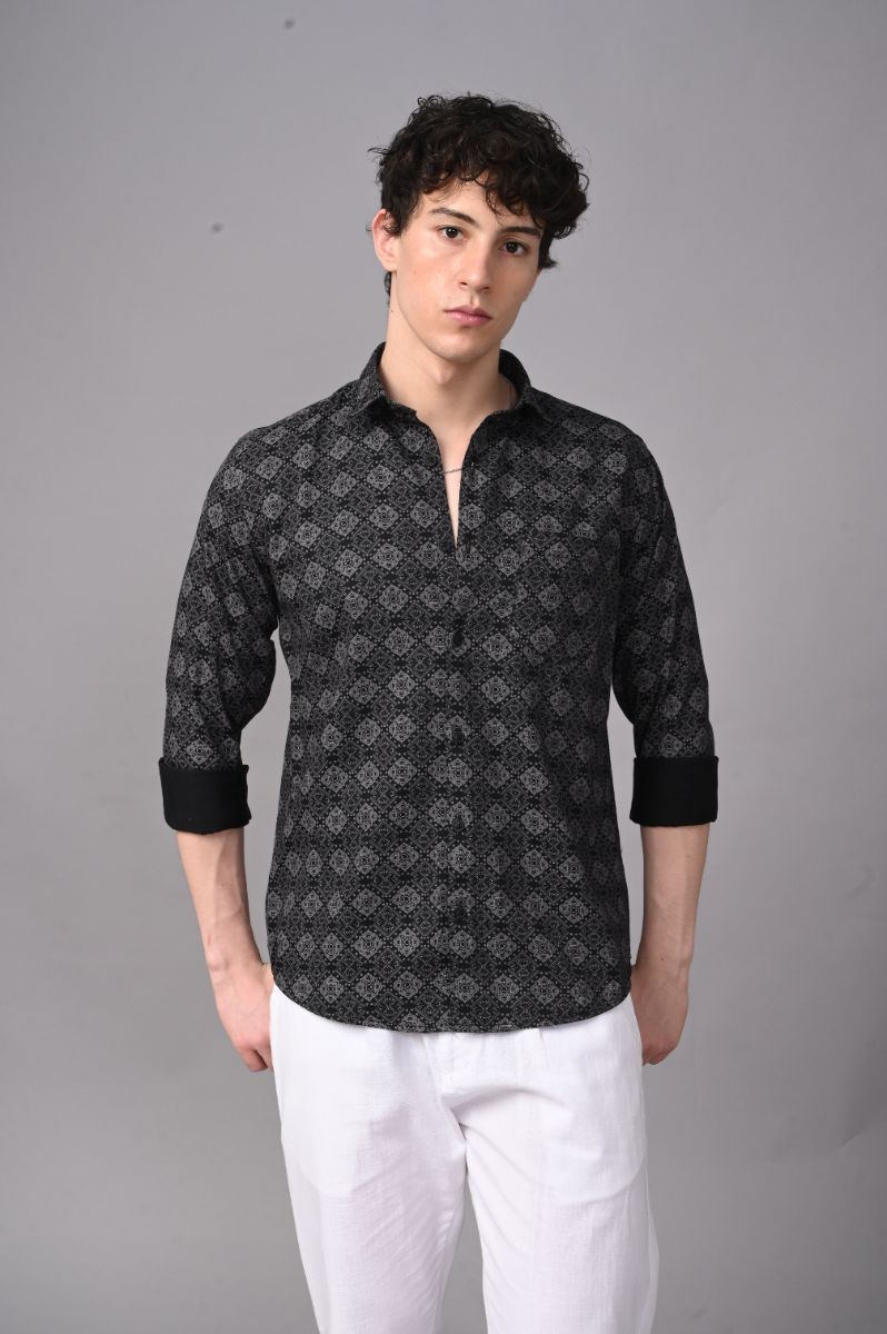 Midnight Geometric Soft-Touch Cotton Satin Shirt view 2