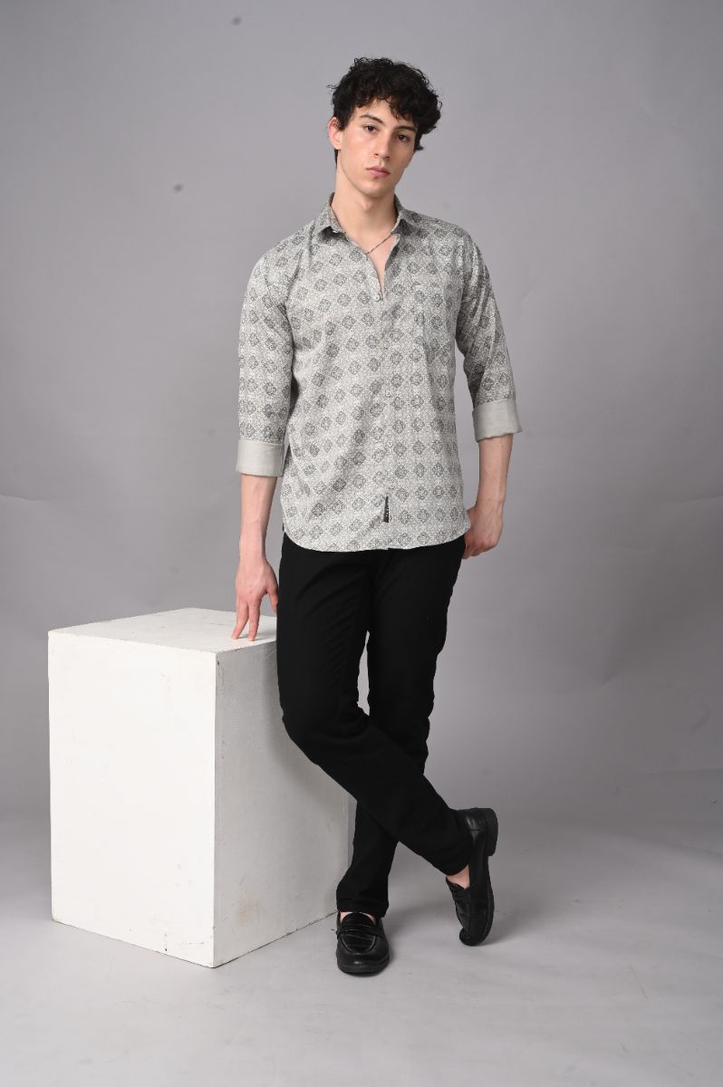 Elegant Geo-Print Soft-Touch Cotton Satin Shirt