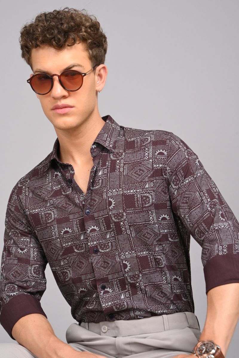Rayon Printed Shirt - Wine view 2